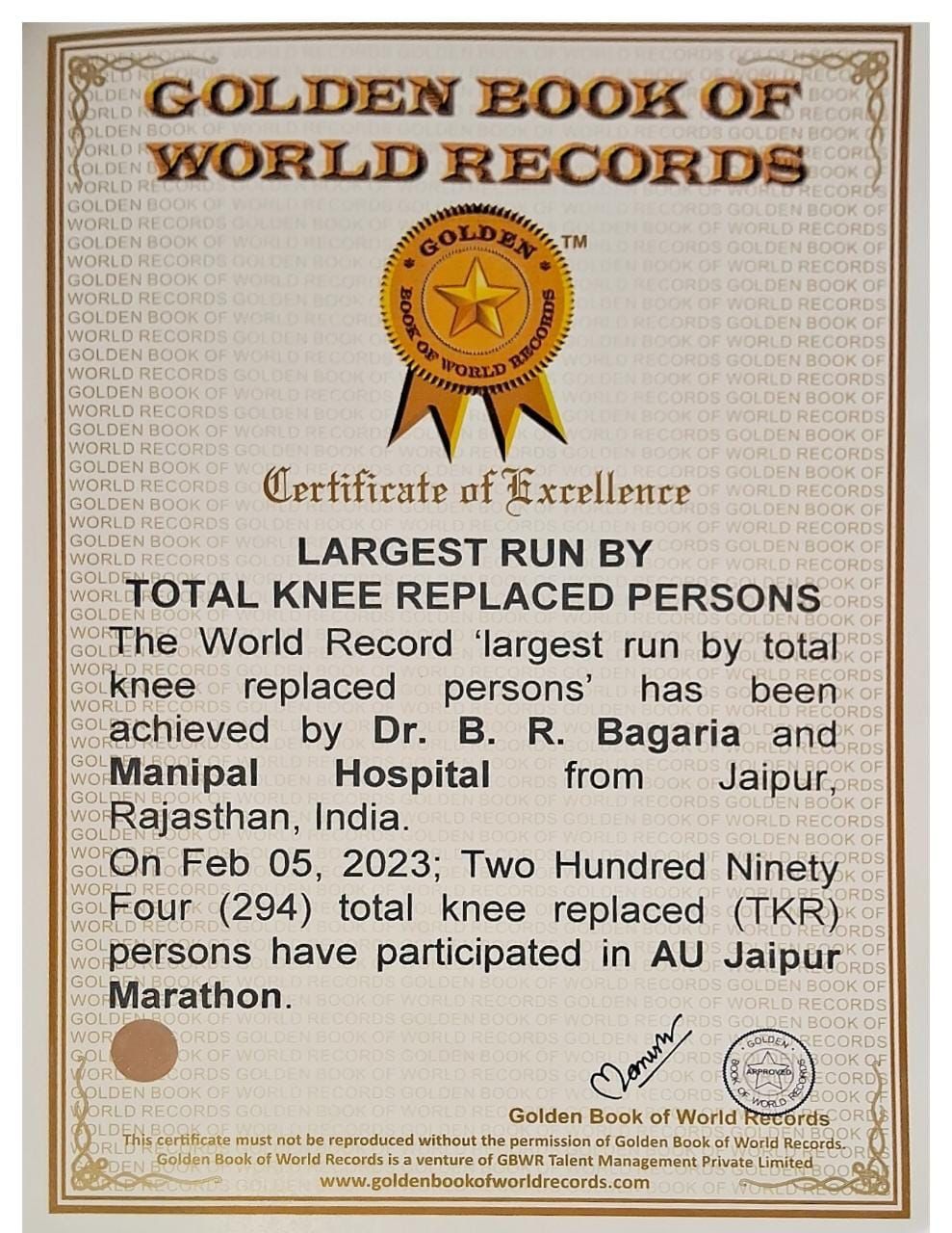 Golden book of record in joint replacement